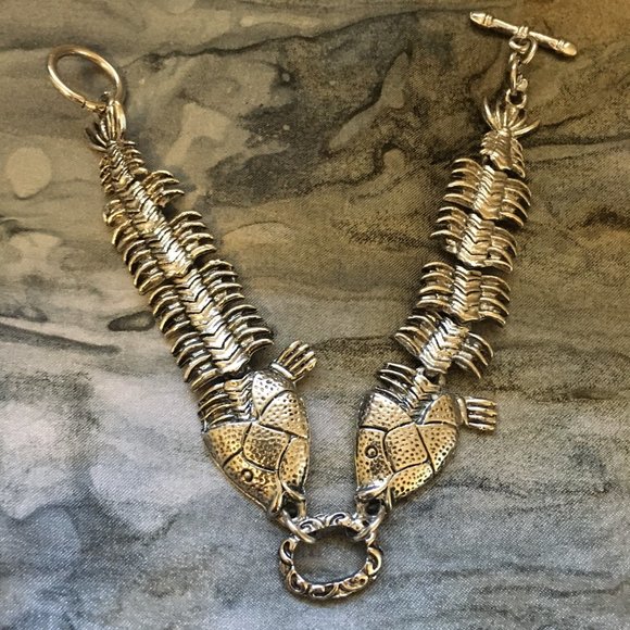 Vintage 90s Unique Goth Articulated Pisces Skeleton Fish Anklet Costume Jewelry - Picture 3 of 6
